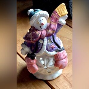 Christmas Winter Windy Snowman Purple Mix Cutout Ceramic Tea Light Candle Holder